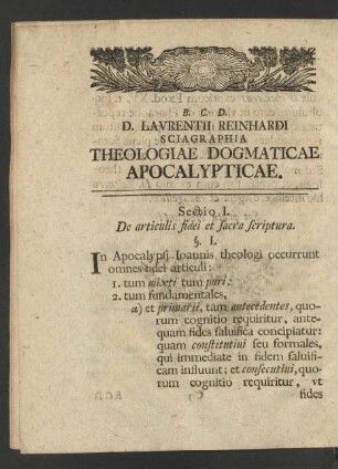 D. Laurentii Reinhardi Sciagraphia Theologiae Dogmaticae Apocalypticae