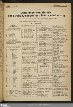 II. Abschnitt. Amtliches Verzeichnis der Straßen, Gassen und Plätze von Leipzig