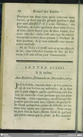 Lettre CCXXXI. A la même. Aux Rochers, Dimanche 10. Novembre, 1675