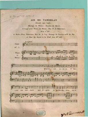 Air de Tamerlan : Musique de Winter. Paroles de Morel. Arr. pour piano ou harpe par F. J. Naderman. 1. A peine a son aurore. - Ca. 1802. - 3 S.