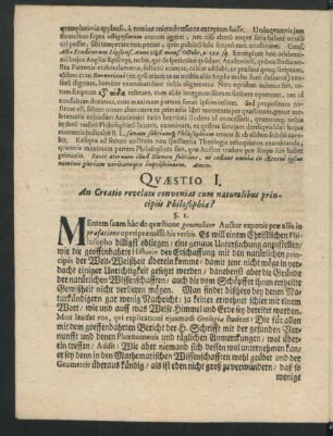Quaestio I. An creatio revelata conveniat cum naturalibus principiis Philosophiae?