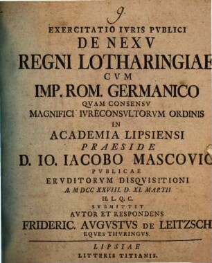 Exercitatio iuris publici de nexu regni Lotharingiae cum Imp. Rom. Germanico
