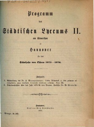 Programm des Städtischen Lyceums II. am Kleverthor zu Hannover : für das Schuljahr von Ostern ... - ..., 1875/76