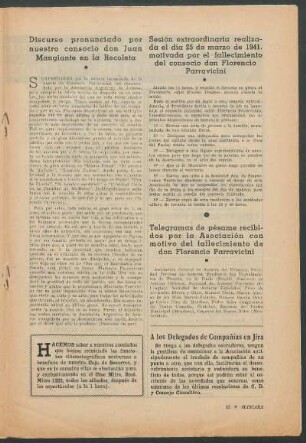 Discurso pronunciado por nuestro consocio don Juan Mangiante en la Recoleta