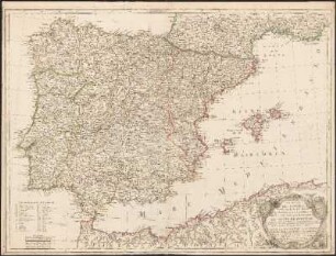 El Reyno De España : Dividido en dos Grandes Estados De Aragon Y De Castilla ; Subdivido en muchas Provincias, donde se halla tambien. El Reyno De Portugal ; Compuesto sobre las Memorias mas modernas, y rectificadas por las Observationes Astronomicas de los Señores de la Academia Rl. de las Ciencias de Paris ; [gewidmet:] Carlos III Rey de España et de las Indias ; Con Privi. del Rey
