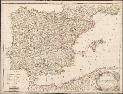 El Reyno De España : Dividido en dos Grandes Estados De Aragon Y De Castilla ; Subdivido en muchas Provincias, donde se halla tambien. El Reyno De Portugal ; Compuesto sobre las Memorias mas modernas, y rectificadas por las Observationes Astronomicas de los Señores de la Academia Rl. de las Ciencias de Paris ; [gewidmet:] Carlos III Rey de España et de las Indias ; Con Privi. del Rey