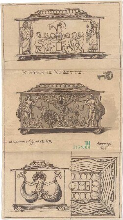 Fischer, Theodor; Phantasie-Zeichnungen - Kassette u. Schlüssel (Ansichten, Teilansicht)