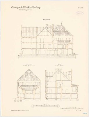 Chirurgische Klinik der Philipps-Universität Marburg: Operationsgebäude: Längsschnitt, Querschnitte 1:100