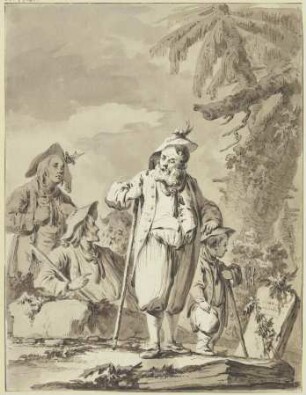 Ein alter Bauer mit drei Begleitern und einem Knaben bei einem Gedenkstein