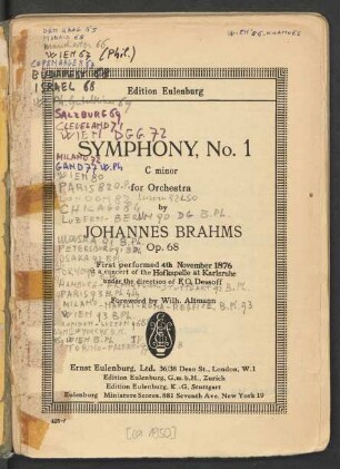 Symphony, No. 1 : C minor : for orchestra : op. 68