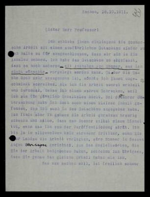 Nr. 33: Brief von Otto Blumenthal an David Hilbert, Aachen, 16.10.1911