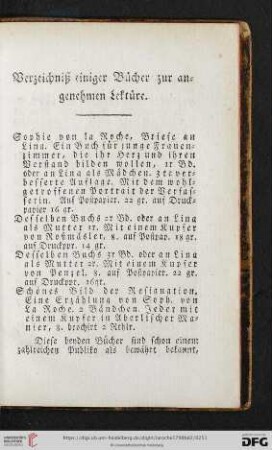 Verzeichniß einiger Bücher zur angenehmen Lektüre
