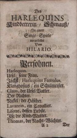 Des Harlequins Kindbetterin-Schmauß : Jn einem Singe-Spiele