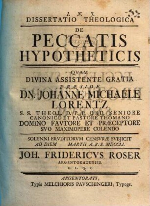 Dissertatio Theologica De Peccatis Hypotheticis