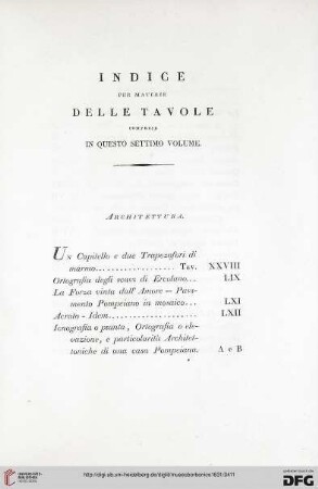 Indice per materie delle tavole coprese in questo settimo volume
