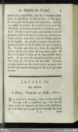 Lettre III. Au même. A Paris, Vendredi 15. Août, 1670