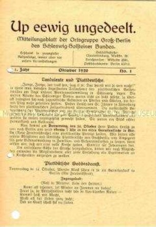 Mitteilungsblatt der Ortsgruppe Groß-Berlin des Schleswig-Holsteiner Bundes - Sachkonvolut