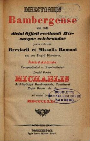 Directorium Bambergense sive ordo divini officii recitandi missaeque celebrandae : juxta rubricas breviarii et missalis Romani .., 1871