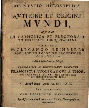 Disp. philos. de authore et origine mundi
