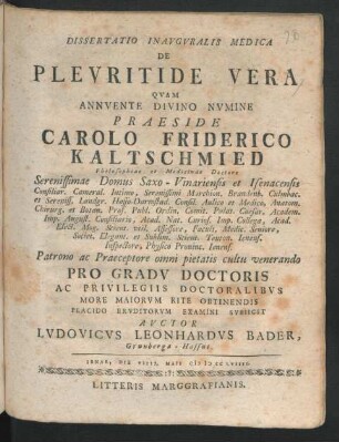 Dissertatio Inauguralis Medica De Pleuritide Vera