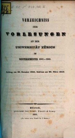 Verzeichnis der Vorlesungen, Behörden, Dozenten und Institute. 1841/42. WS