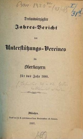 Jahres-Bericht des Unterstützungs-Vereines für Oberbayern : für das Jahr ... 43. 1880