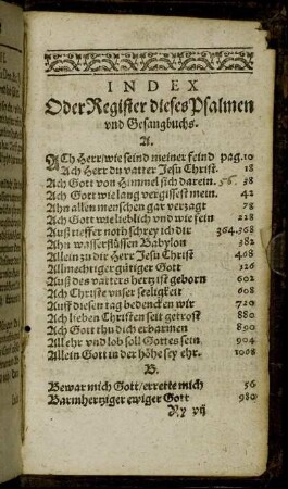 Index oder Register dieses Psalmen und Gesangbuchs.