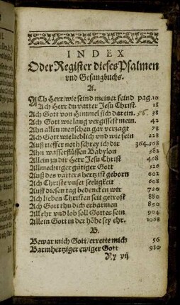 Index oder Register dieses Psalmen und Gesangbuchs.