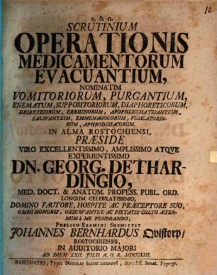 Scrutinium operationis medicamentorum evacuantium, nominatim vomitoriorum, purgantium ...