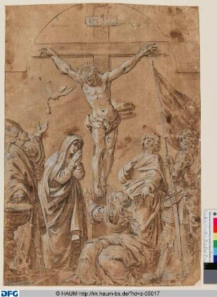 Christus am Kreuz mit Maria, Johannes, Magdalena, dem Hl. Bischof Remigius links und einem Hl. Ritter rechts