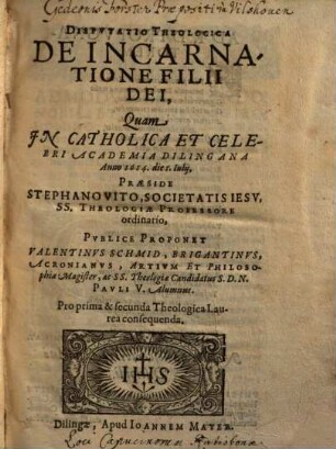 Dispvtatio Theologica De Incarnatione Filii Dei
