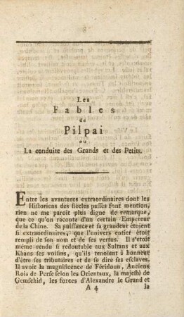 Les Fables de Pilpai ou La conduite des Grands et des Petits.