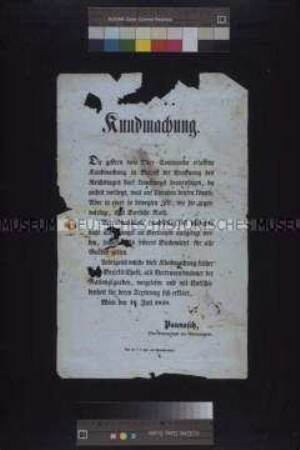 Maueranschlag: Bekanntmachung des Oberkommandanten der Nationalgarde Pannasch; Wien, 16. Juli 1848