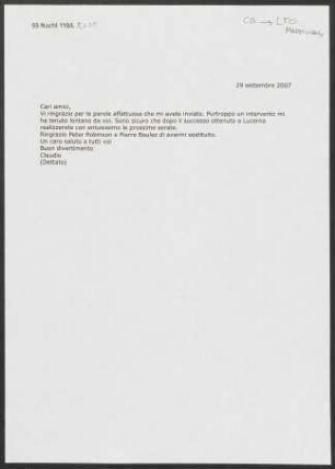 Brief an Lucerne Festival Orchestra, 29.09.2007