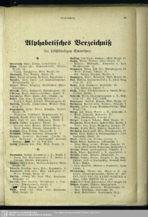 Einwohnerverzeichnis : Alphabetisches Verzeichniß der selbstständigen Einwohner