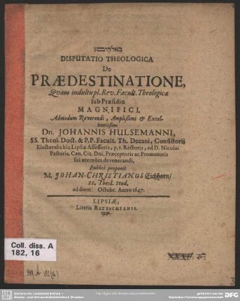 Disputatio theologica de praedestinatione