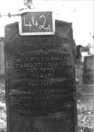 Grabstein 442 (Index: 100111731) Material: Granit Zustand: gut Maße HxBxT: 150x51x19 cm Beschreibung: Obelisk, Sockel Symbolik: Palmzweig mit Blumengirlande: Grabstein 442A