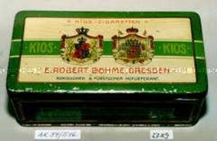 Blechdose für 100? Stück "KIOS-CIGARETTEN E.ROBERT BÖHME, DRESDEN" (Abbildung zweier gekrönter Wappen)