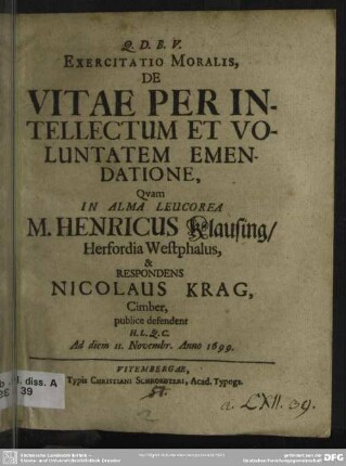 Exercitatio moralis de vitae per intellectum et voluntatem emendatione
