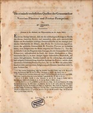 Die römisch-rechtlichen Quellen der Grammatiker Verrius Flaccus und Festus Pompeius : gelesen in der Akademie der Wissenschaften am 10. Junius 1852