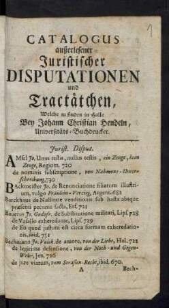 Hauptbd.: Catalogus außerlesener Juristischer Disputationen und Tractätchen