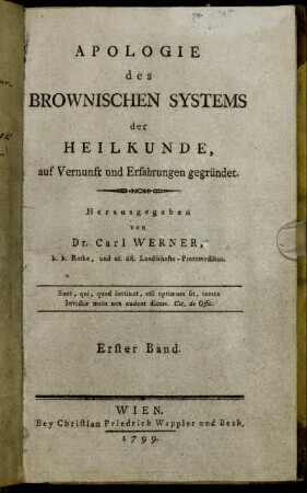 1: Apologie des Brownischen Systems der Heilkunde. Erster Band