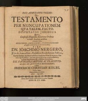 De Testamento Per Nuncupationem Qua Talem, Facto : Disputatio Iuridica