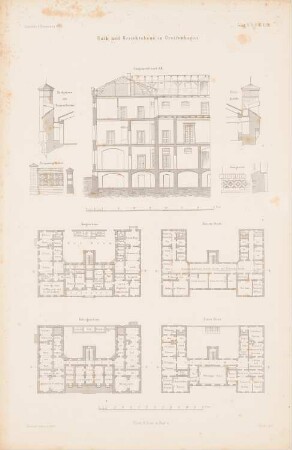 Rathaus und Gerichtshaus, Greifenhagen: Grundriss Keller, EG, 1.OG, 2.OG, Längsschnitt, Details (aus: Atlas zur Zeitschrift für Bauwesen, hrsg. v. G. Erbkam, Jg. 6, 1856)