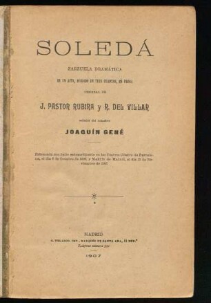 Soledá : zarzuela dramática en un acto, dividido en tres cuadros, original, en prosa