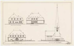 Evangelische Kirche, Berlin-Nikolassee Erweiterung einschließlich Gemeindehaus und Pfarrhaus: Aufriss 1:200: Ansicht der Kirche von Norden, drei Ansichten des Gemeindehauses: Nordseite, Ostseite (Kirchstraße), Südseite (zur Kirche)