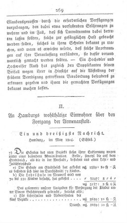 II. An Hamburgs wohlthätige Einwohner über den Fortgang der Armenanstalt.
