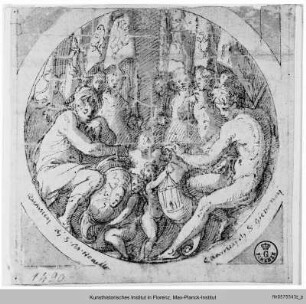 Vorzeichnungen für die Dekoration des Salone dei Cinquecento : Tondo mit zwei Figurengruppen, die einen Putto rahmen