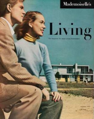 Modeaufnahme, Modelle Peter Larkin und Eunice Sherman vor einem Marcel Breuer-Haus, Tearsheet, Cover (Living)
