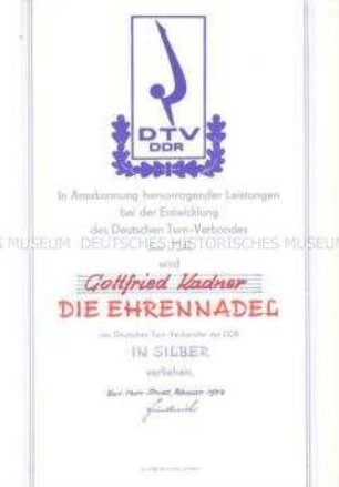 Urkunde zur Ehrennadel des Deutschen Turn-Verbandes der DDR, in Silber